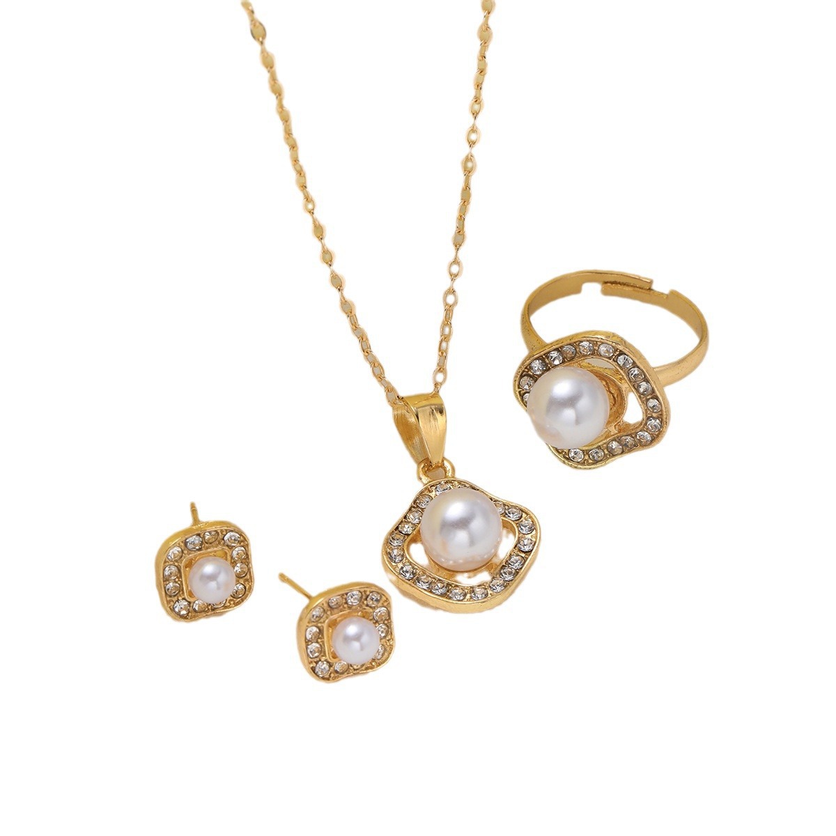 [Three-piece set] New fashionable high-end diamond-encrusted pearl square earrings ring necklace set three-piece set