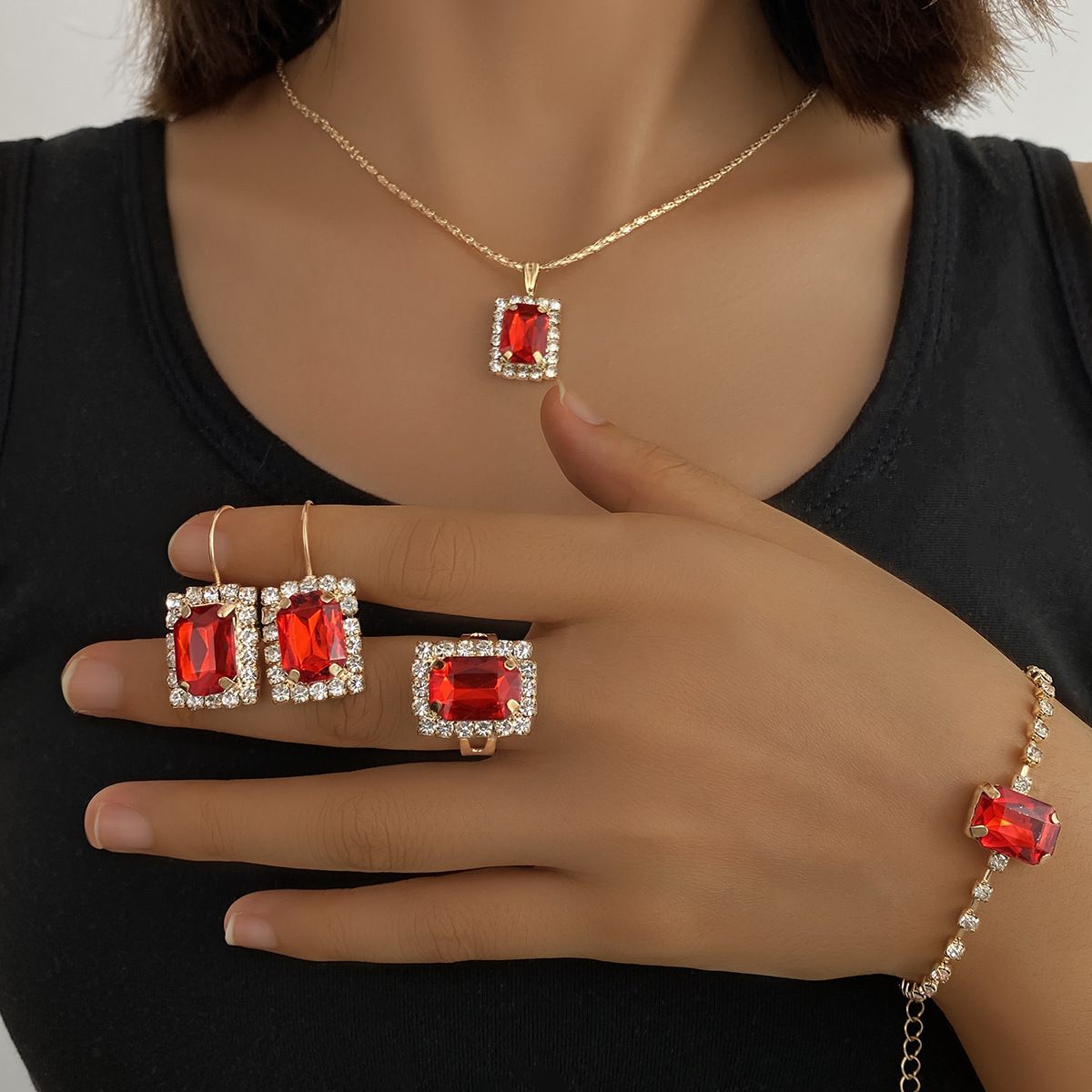 New Square Diamond Jewelry Set Fashion Colored Rhinestone Necklace Earrings Ring Bracelet Set Bridal Jewelry