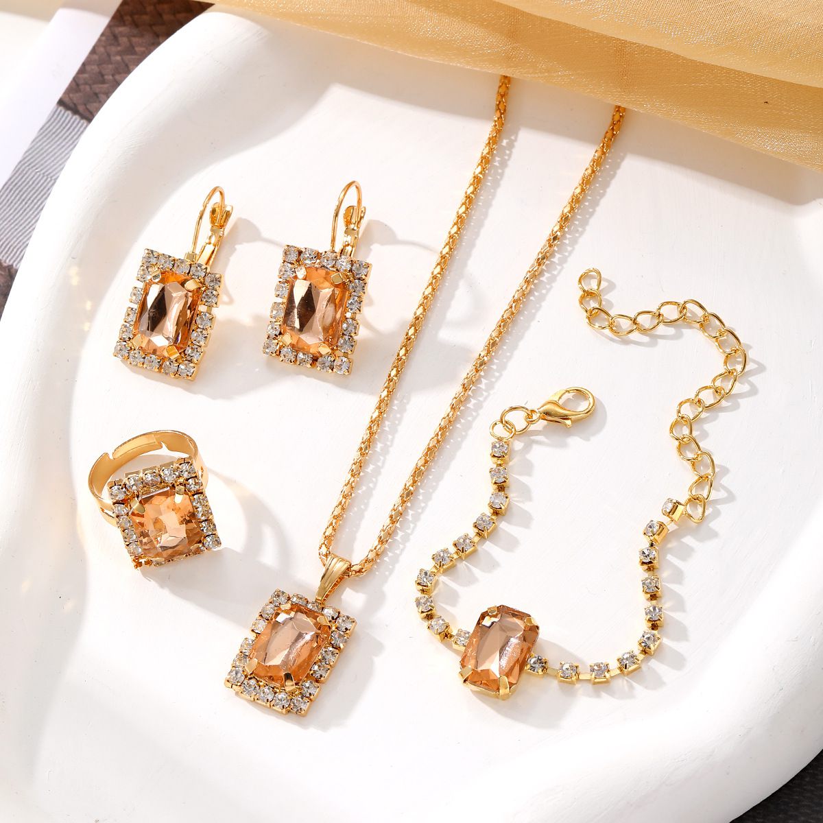 New Square Diamond Jewelry Set Fashion Colored Rhinestone Necklace Earrings Ring Bracelet Set Bridal Jewelry