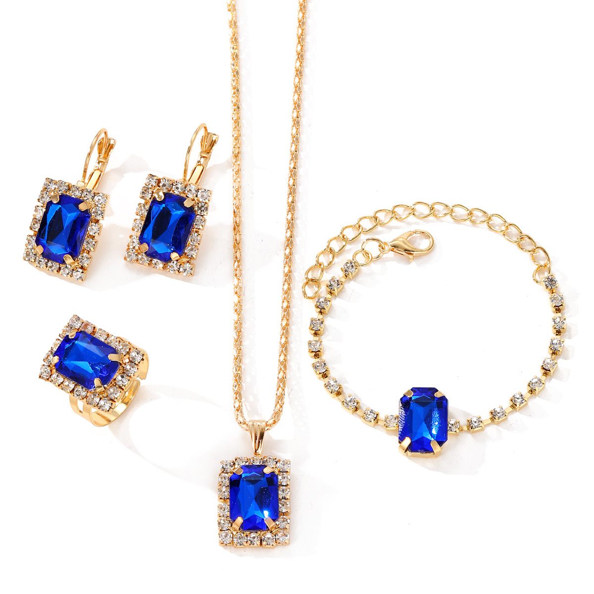 New Square Diamond Jewelry Set Fashion Colored Rhinestone Necklace Earrings Ring Bracelet Set Bridal Jewelry