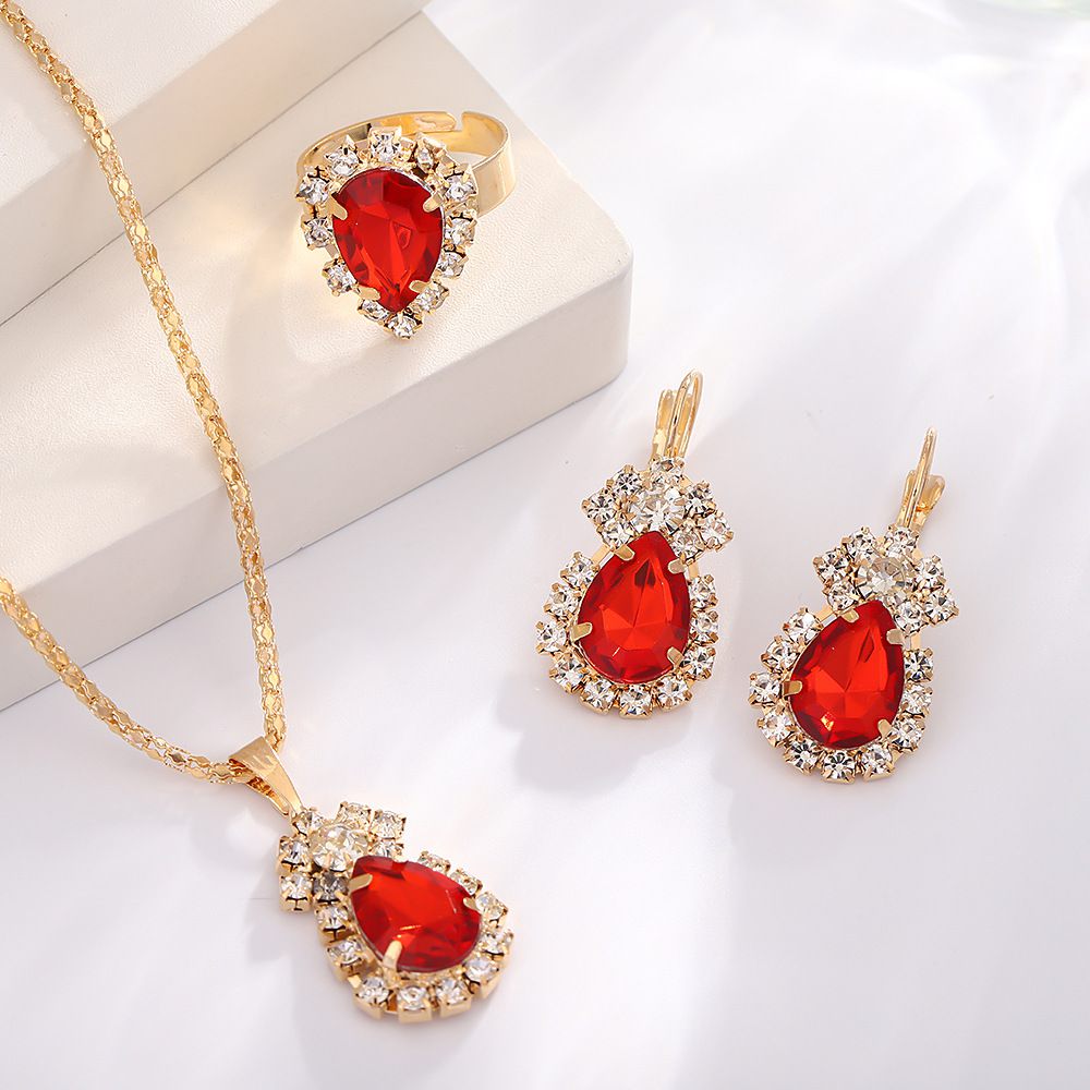 European And American Zircon Jewelry Set, Performance Photography Accessories, Water Drop Necklace, Ring Earrings, Bridal Jewelry Three-Piece Set