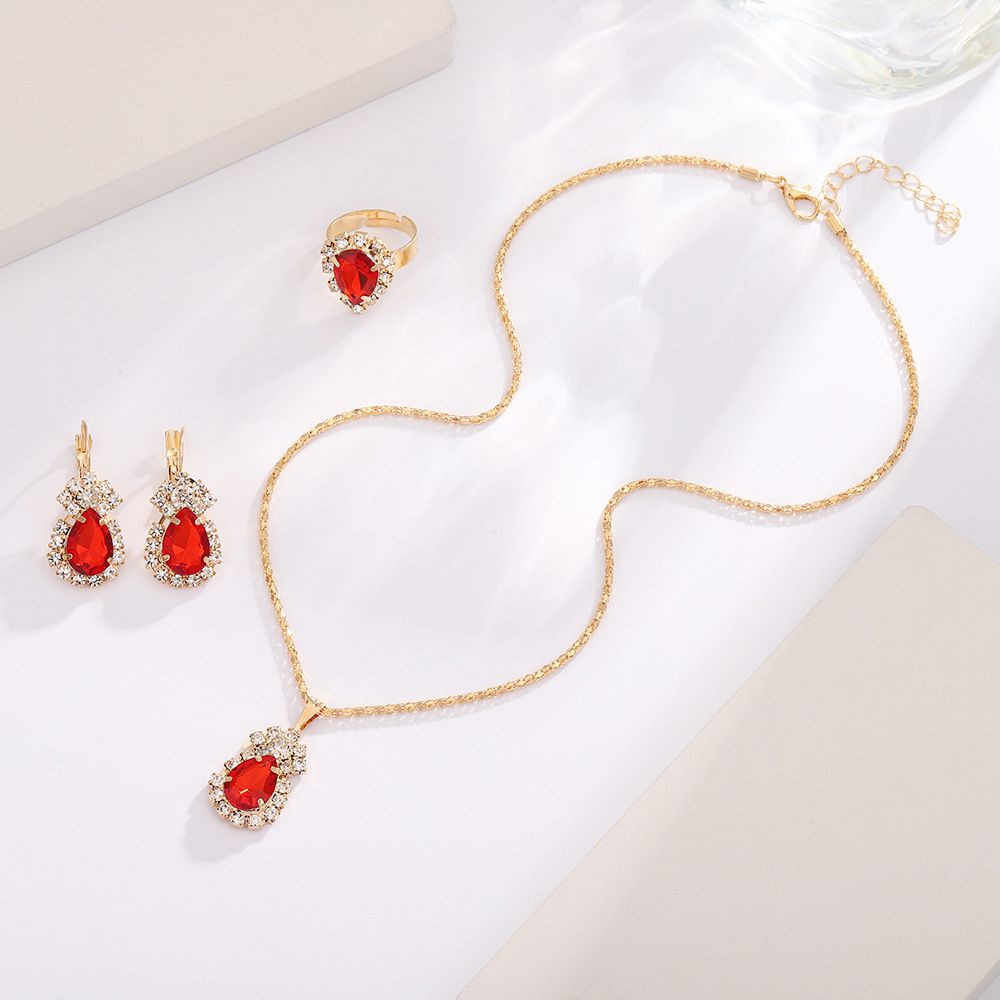 European And American Zircon Jewelry Set, Performance Photography Accessories, Water Drop Necklace, Ring Earrings, Bridal Jewelry Three-Piece Set