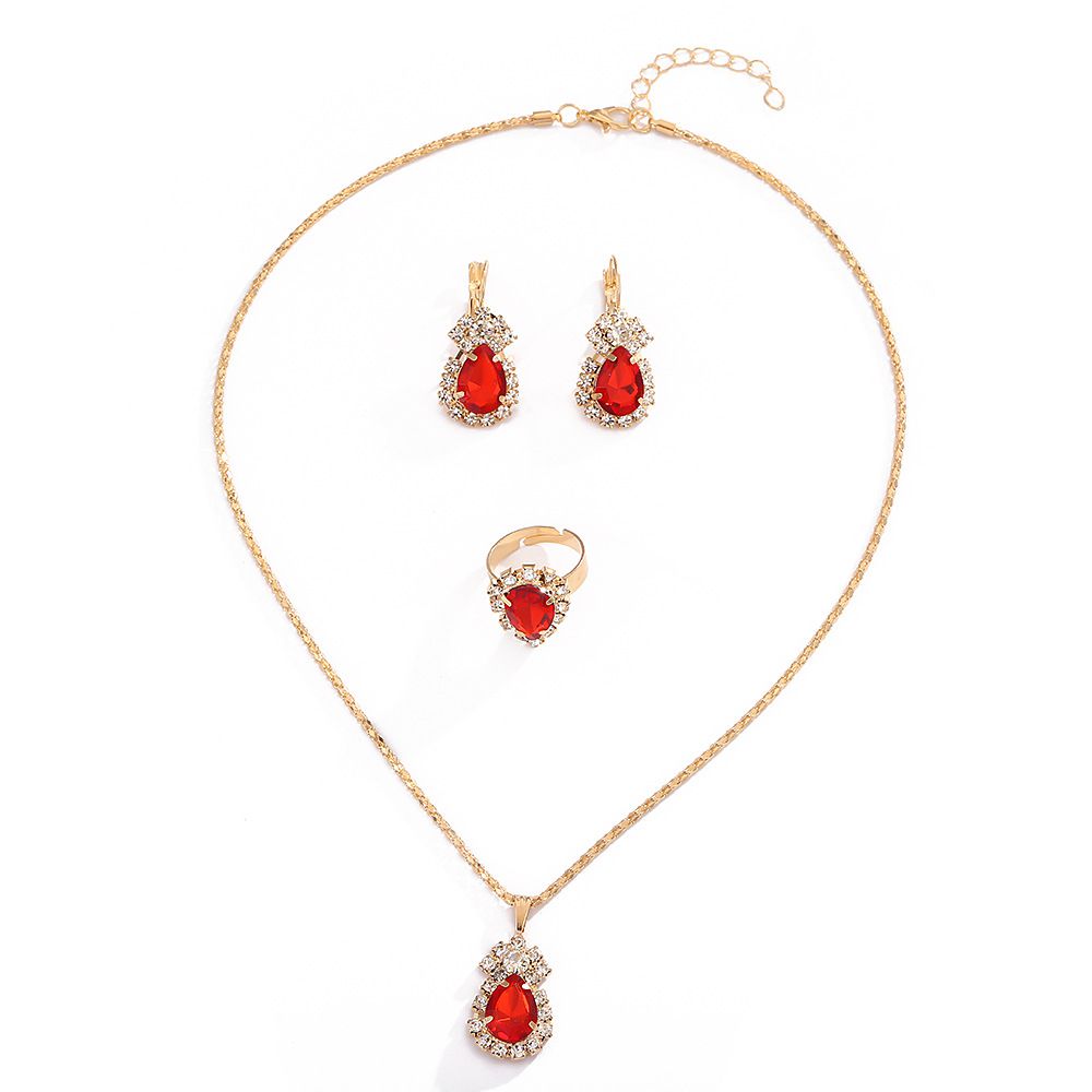 European And American Zircon Jewelry Set, Performance Photography Accessories, Water Drop Necklace, Ring Earrings, Bridal Jewelry Three-Piece Set
