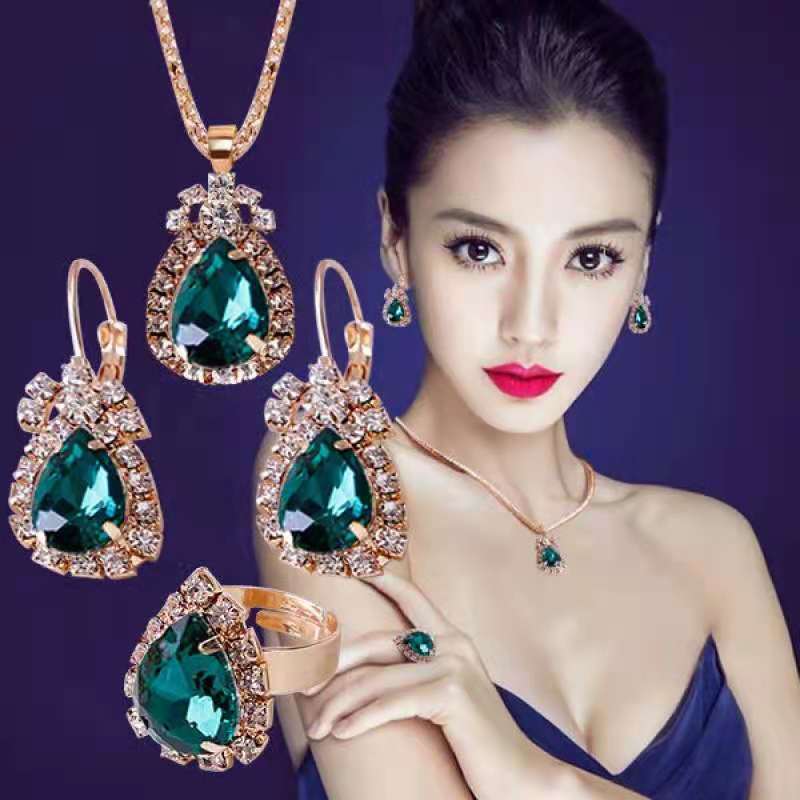 Ins Style Water Drop Rhinestone Necklace Earrings Ring Set Bridal Jewelry