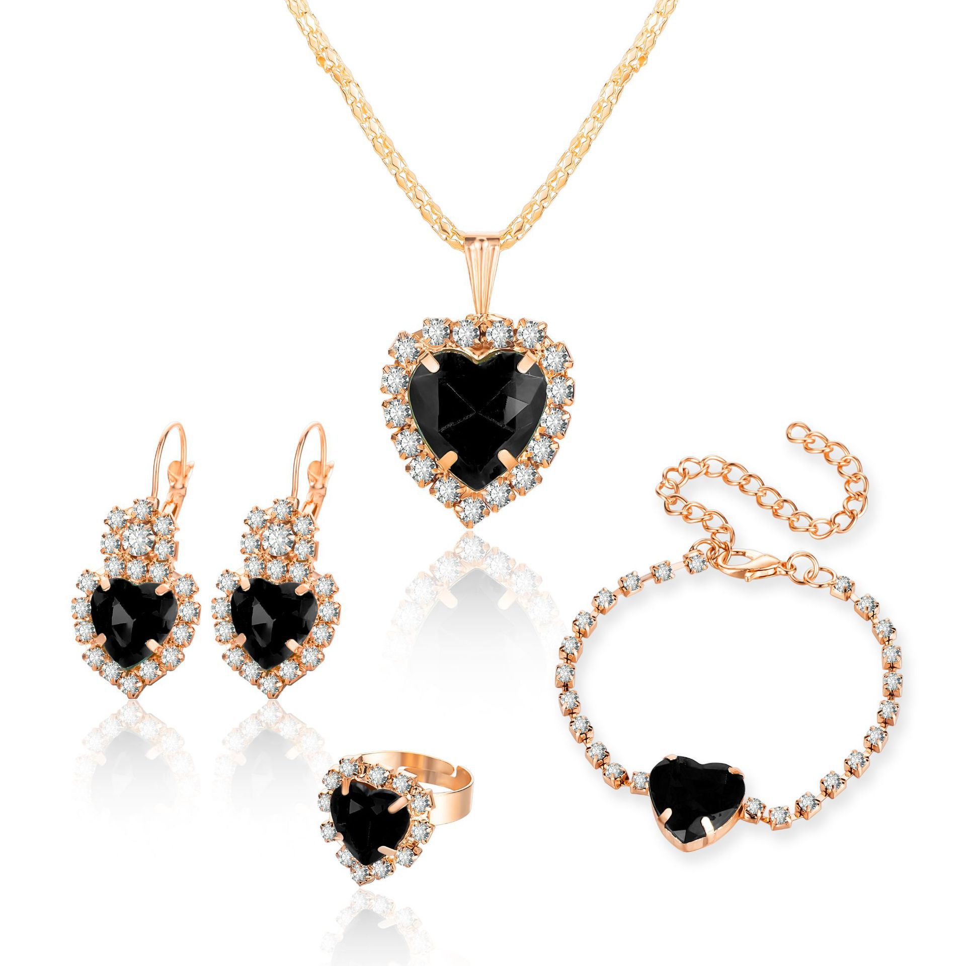 Ins Style Water Drop Rhinestone Necklace Earrings Ring Set Bridal Jewelry