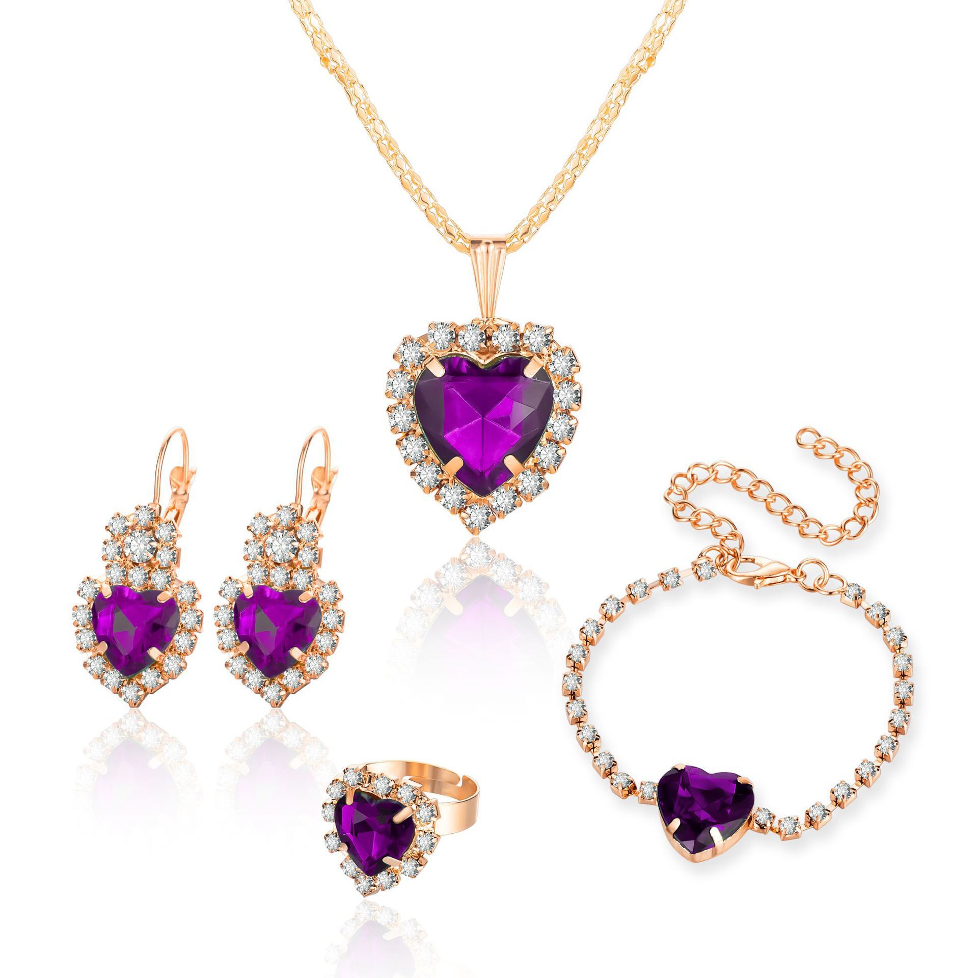 Ins Style Water Drop Rhinestone Necklace Earrings Ring Set Bridal Jewelry