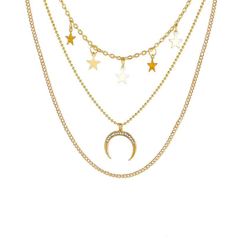 European And American Creative Design Crescent Moon Star Pendant Necklace Multi-Layer Collarbone Chain Star Moon Men'S And Women'S Necklace Spot