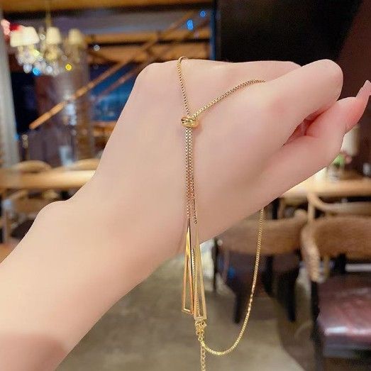 Korean High-Quality Rose Gold Fashion Trend Triangular Tassel Pull-Out Titanium Steel Necklace Women'S Adjustable Accessories