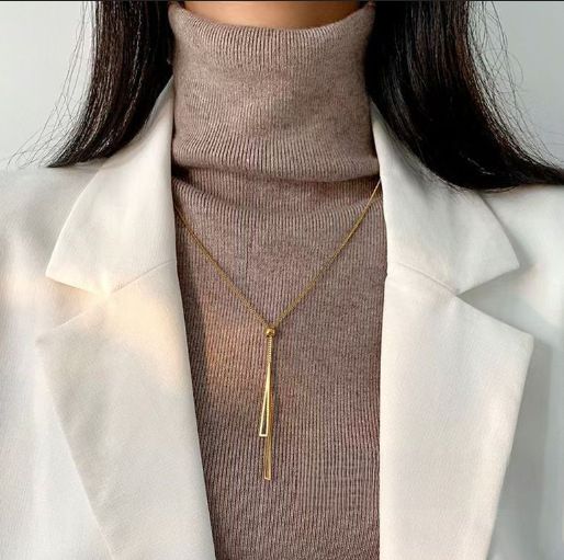 Korean High-Quality Rose Gold Fashion Trend Triangular Tassel Pull-Out Titanium Steel Necklace Women'S Adjustable Accessories