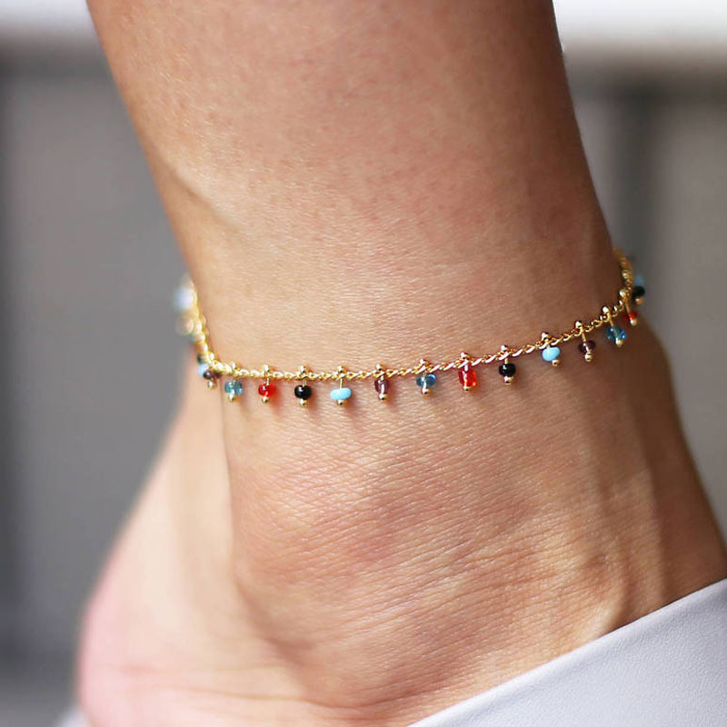 Creative Retro Minimalist Rainbow Glass Bead Anklet Versatile Fashion
