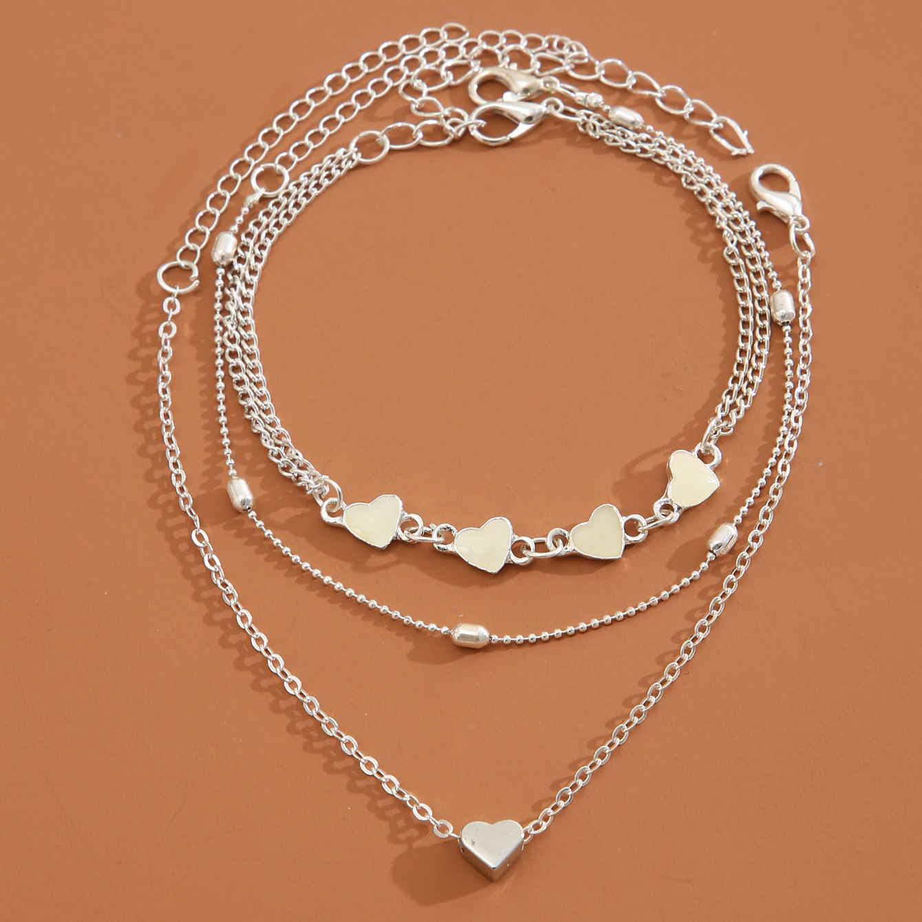 New Round Bead Double-Layer Heart-Shaped Peach Heart Anklet Women'S Summer Beach Multi-Layer Love Anklet