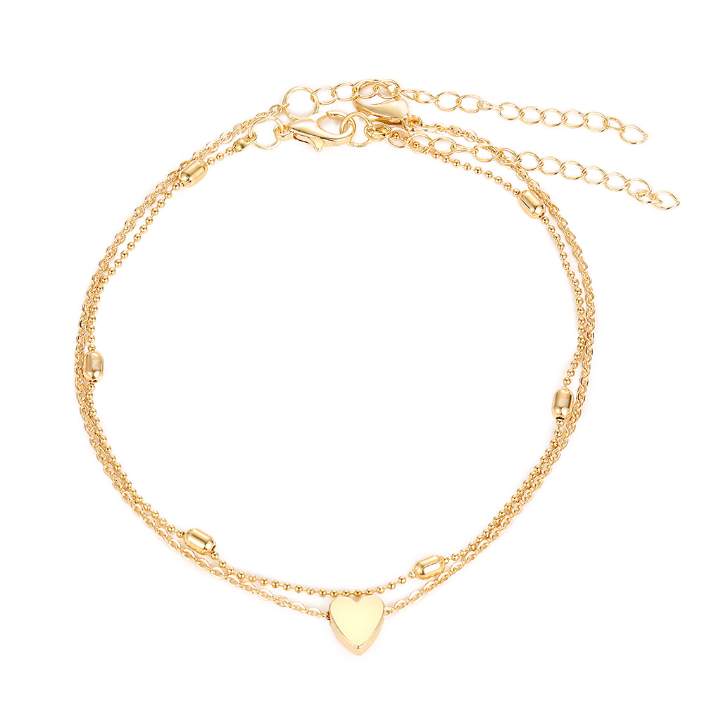 New Round Bead Double-Layer Heart-Shaped Peach Heart Anklet Women'S Summer Beach Multi-Layer Love Anklet