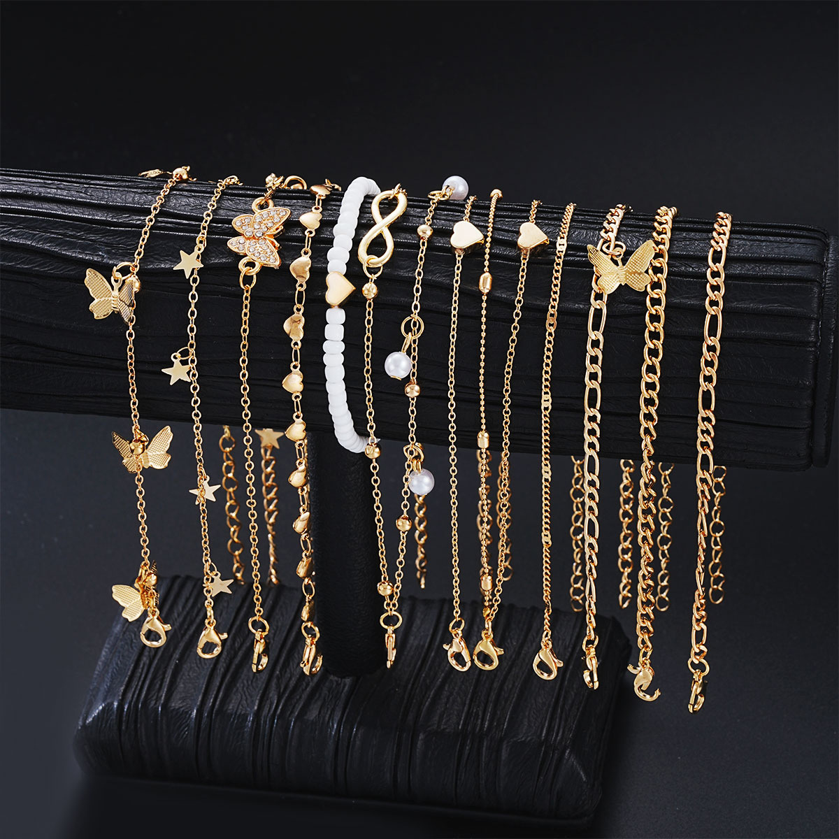 [14-Piece Set] New European And American Jewelry, Fashionable Beach Leisure Butterfly Love Anklet, Personalized Peach Heart Foot Decoration 14-Piece Set