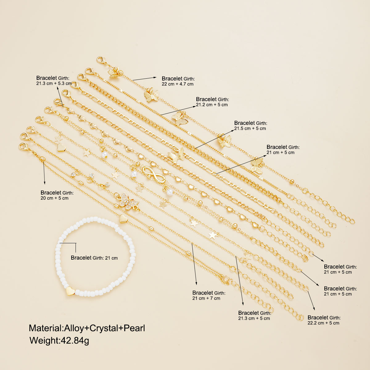 [14-Piece Set] New European And American Jewelry, Fashionable Beach Leisure Butterfly Love Anklet, Personalized Peach Heart Foot Decoration 14-Piece Set