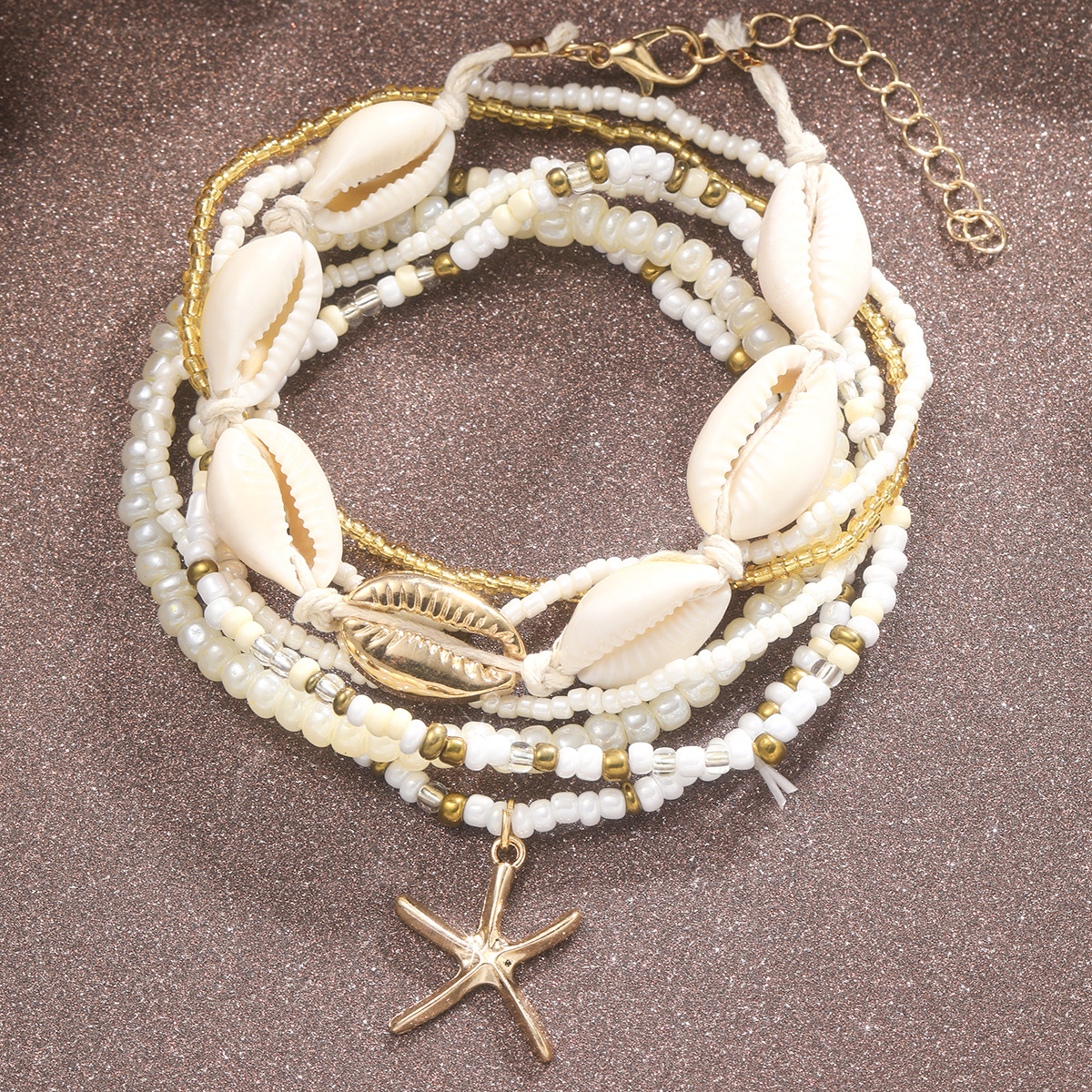 New Fashion Bohemian Beach Resort Wind Rice Beads Shell Starfish Multi-Layer Anklet