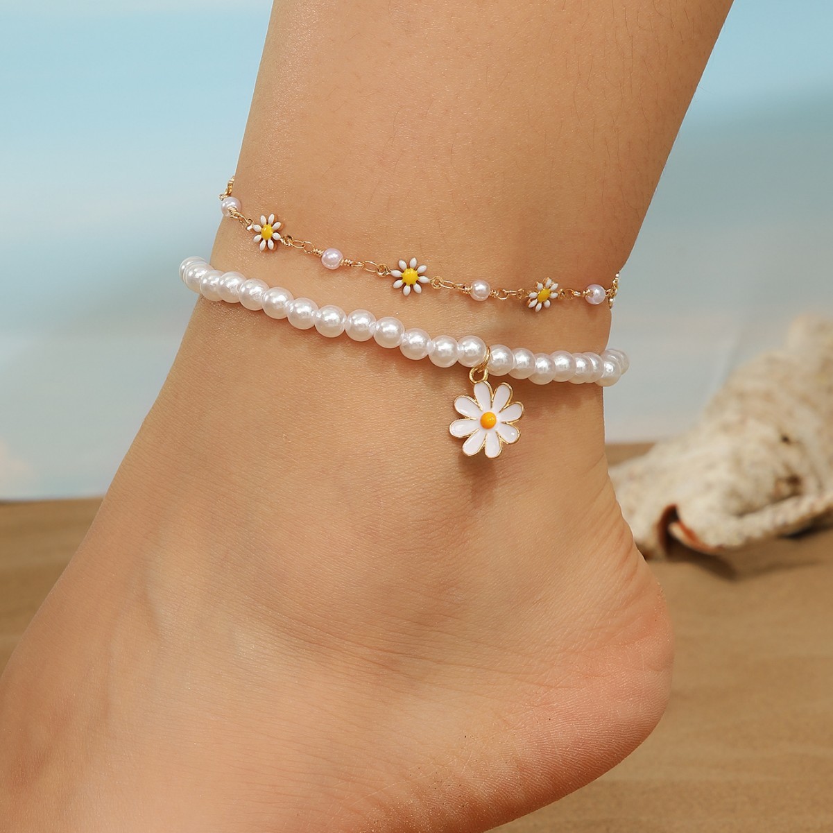 Small Daisy Pendant Pearl Anklet Elastic Bracelet Jewelry Temperament Personality Anniversary Gift