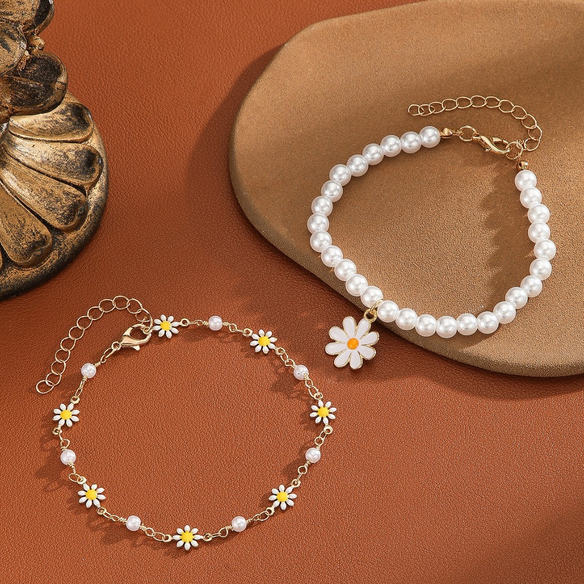 Small Daisy Pendant Pearl Anklet Elastic Bracelet Jewelry Temperament Personality Anniversary Gift