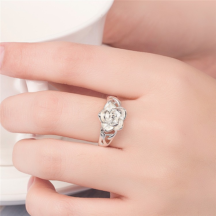 Rose Ring Temperament Silver Live Ring Women'S Fashion Ring Open Flower Ring