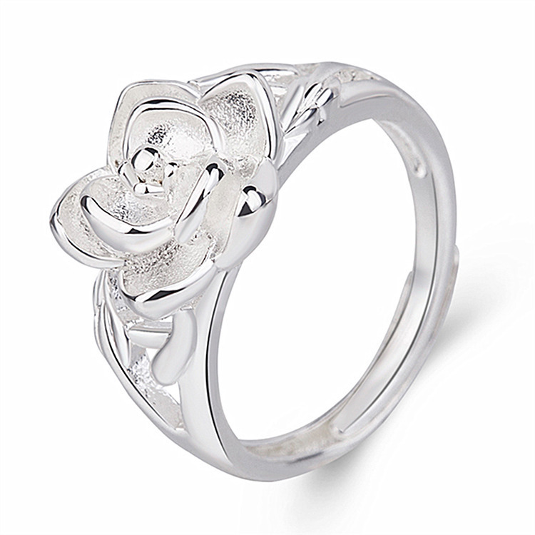 Rose Ring Temperament Silver Live Ring Women'S Fashion Ring Open Flower Ring