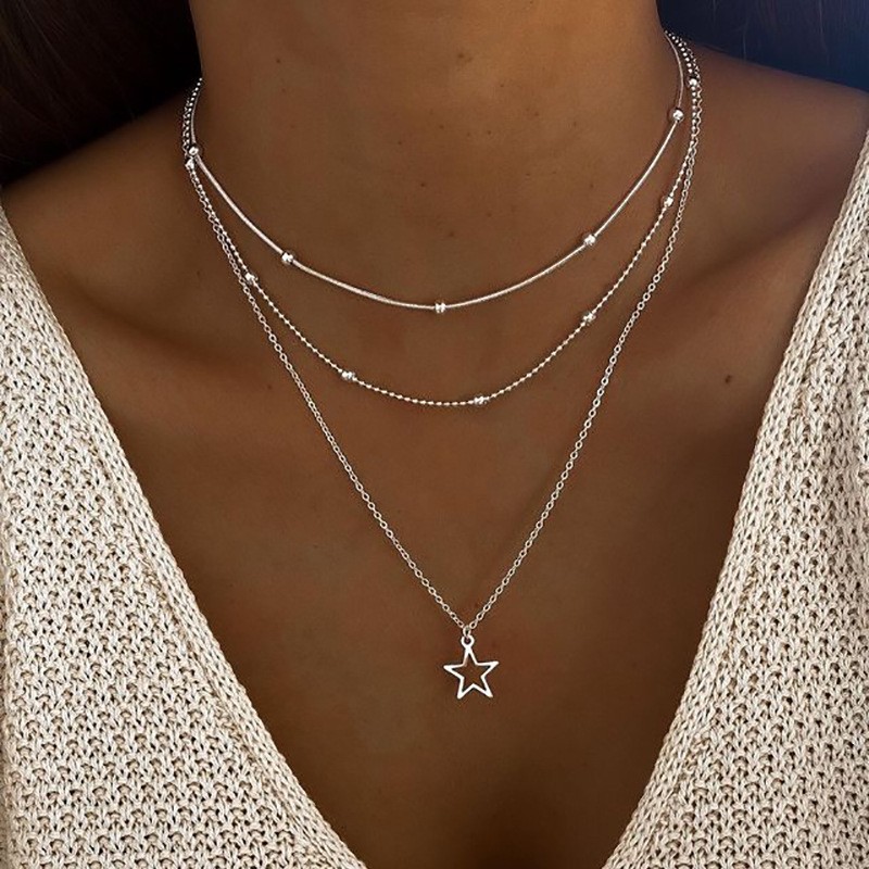 Hollow Out Pentagram Pendant Necklace Creative Personality Retro Alloy Bead Chain Collarbone Chain Female