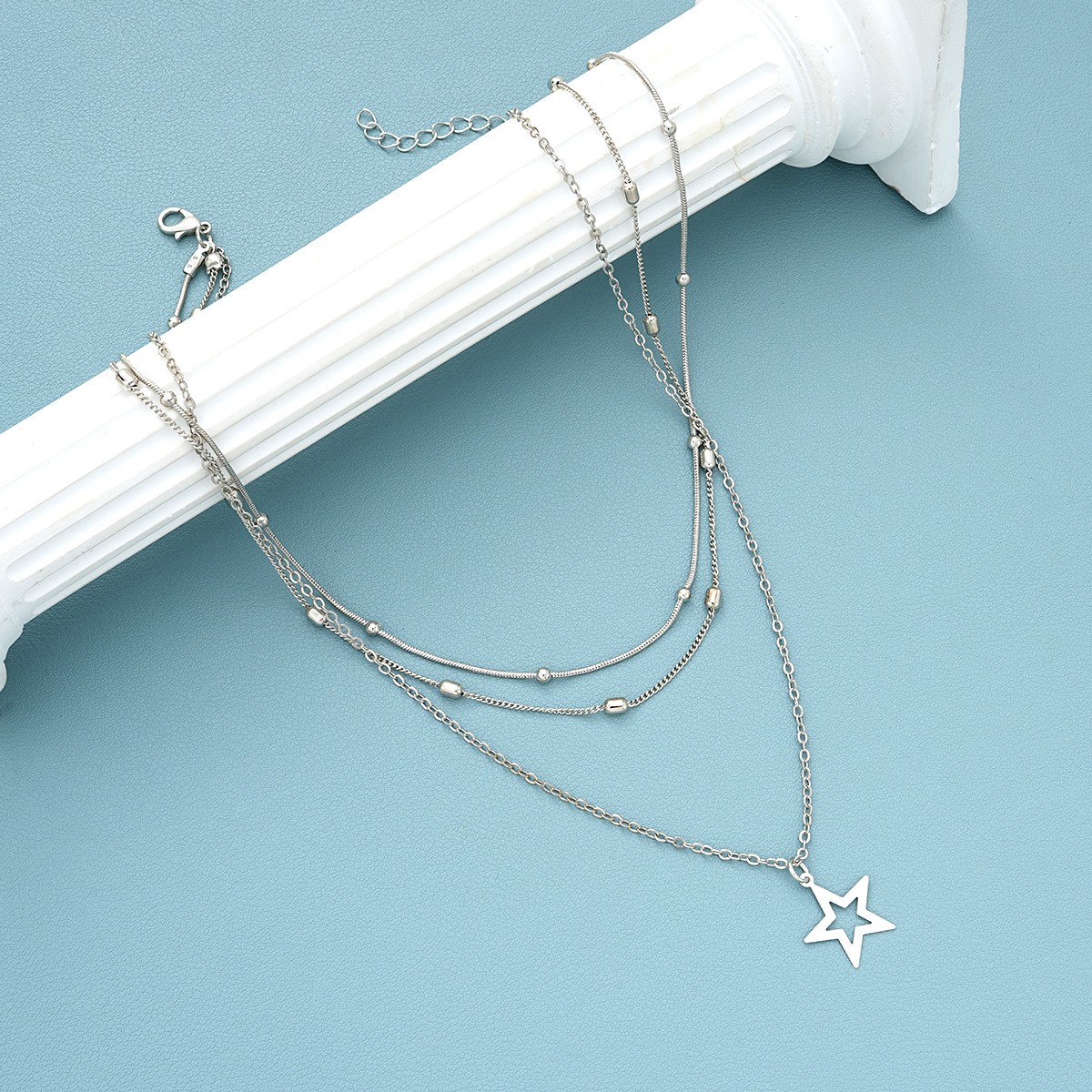 Hollow Out Pentagram Pendant Necklace Creative Personality Retro Alloy Bead Chain Collarbone Chain Female