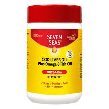 Seven Seas COD LIVER OIL Omega 3 60 CAPSULES with fatty acids with Vitamins A, D+ E