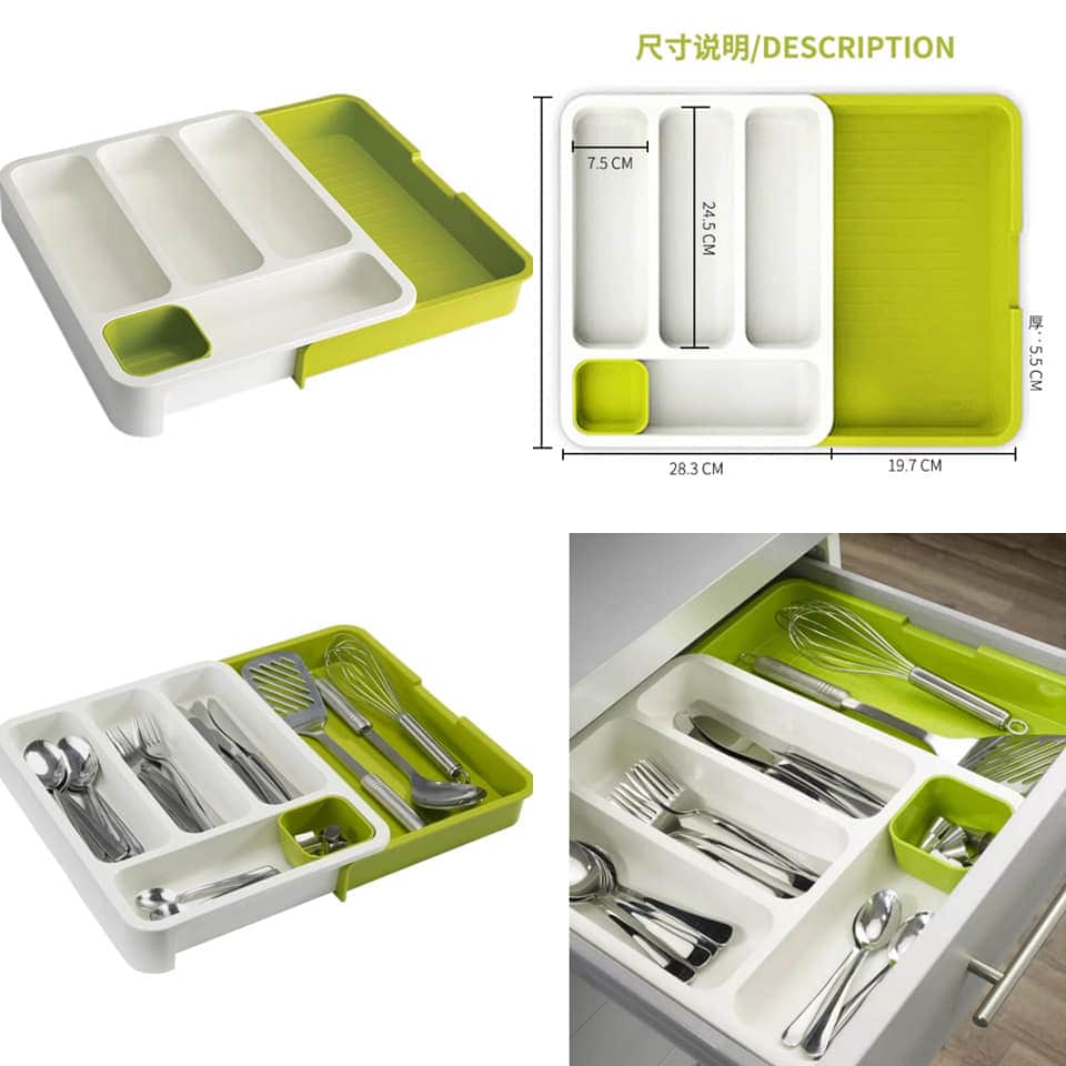 Expandable Utensil Kitchen Tray Flatware and Cutlery Holder Storage for Spoons Forks Knives. 3-in-1 Cutlery Tray helps organize messy cutlery drawers with a practical and smart storage solution. Organ