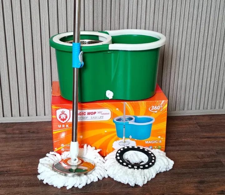 360° Magic Spin Mop Bucket Set with Stainless Steel Handle – Dual Chamber Easy Clean Mop System with Drain Plug & Extra Microfiber Heads ✨🧽Make floor cleaning faster, easier, and hands-free wit