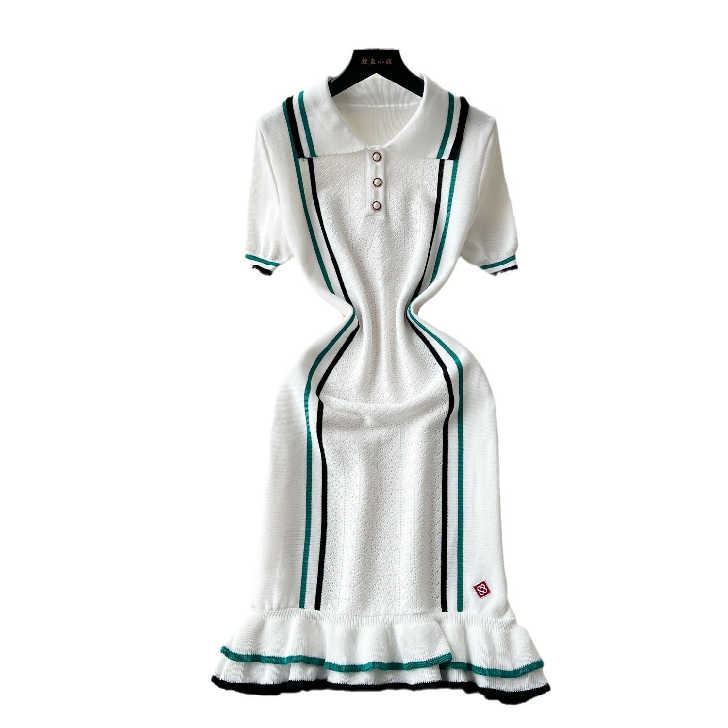 New Product Selection: Small Fragrant Knitted Dress for Women, French Retro Collar, Color Contrasting, Waist cinching, Slimming, Lotus Leaf Edge Sweater Skirt