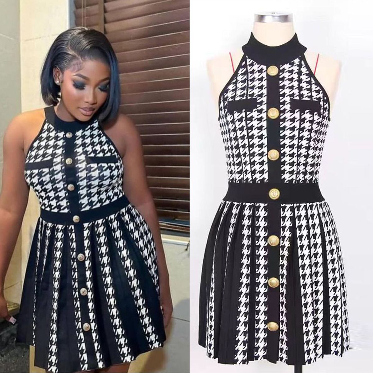 New product selection: Summer American retro style sexy hanging neck, off shoulder, sleeveless waist, slim and short A-line knitted socialite style dress