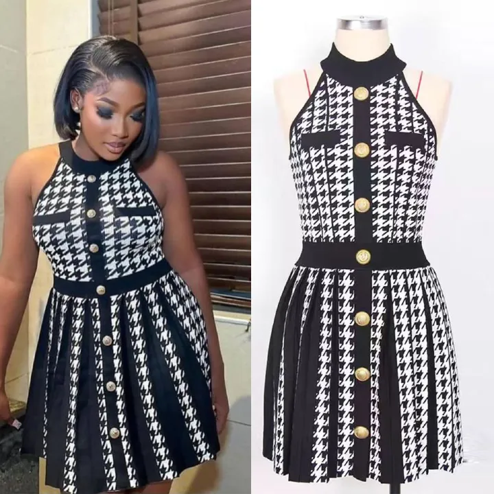 New product selection: Summer American retro style sexy hanging neck, off shoulder, sleeveless waist, slim and short A-line knitted socialite style dress