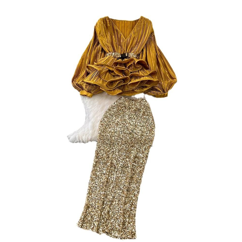 New Product Selection: Fashionable Set, Ladies' Elegance, Lantern Long Sleeve, V-neck, Lotus Leaf Display, Shining Face Shirt, Women's High Waist, Shining Glitter Skirt