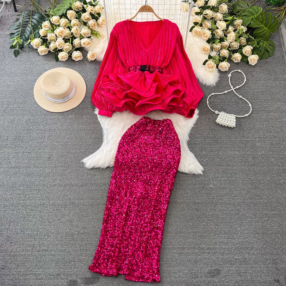 New Product Selection: Fashionable Set, Ladies' Elegance, Lantern Long Sleeve, V-neck, Lotus Leaf Display, Shining Face Shirt, Women's High Waist, Shining Glitter Skirt