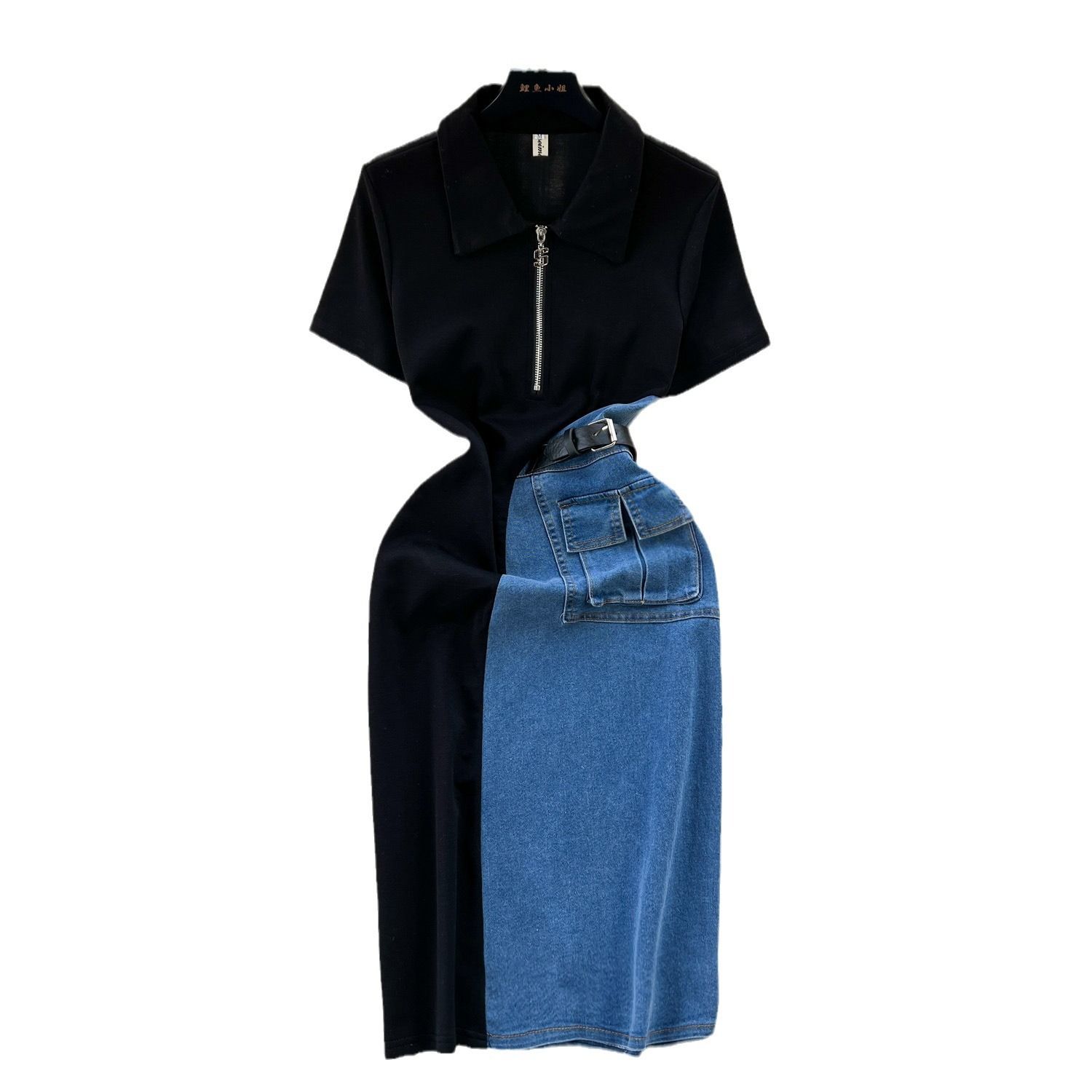 New product selection: Chic Hong Kong style retro denim skirt with women's design sense, contrasting color splicing, slim fit, medium to long short sleeved temperament dress