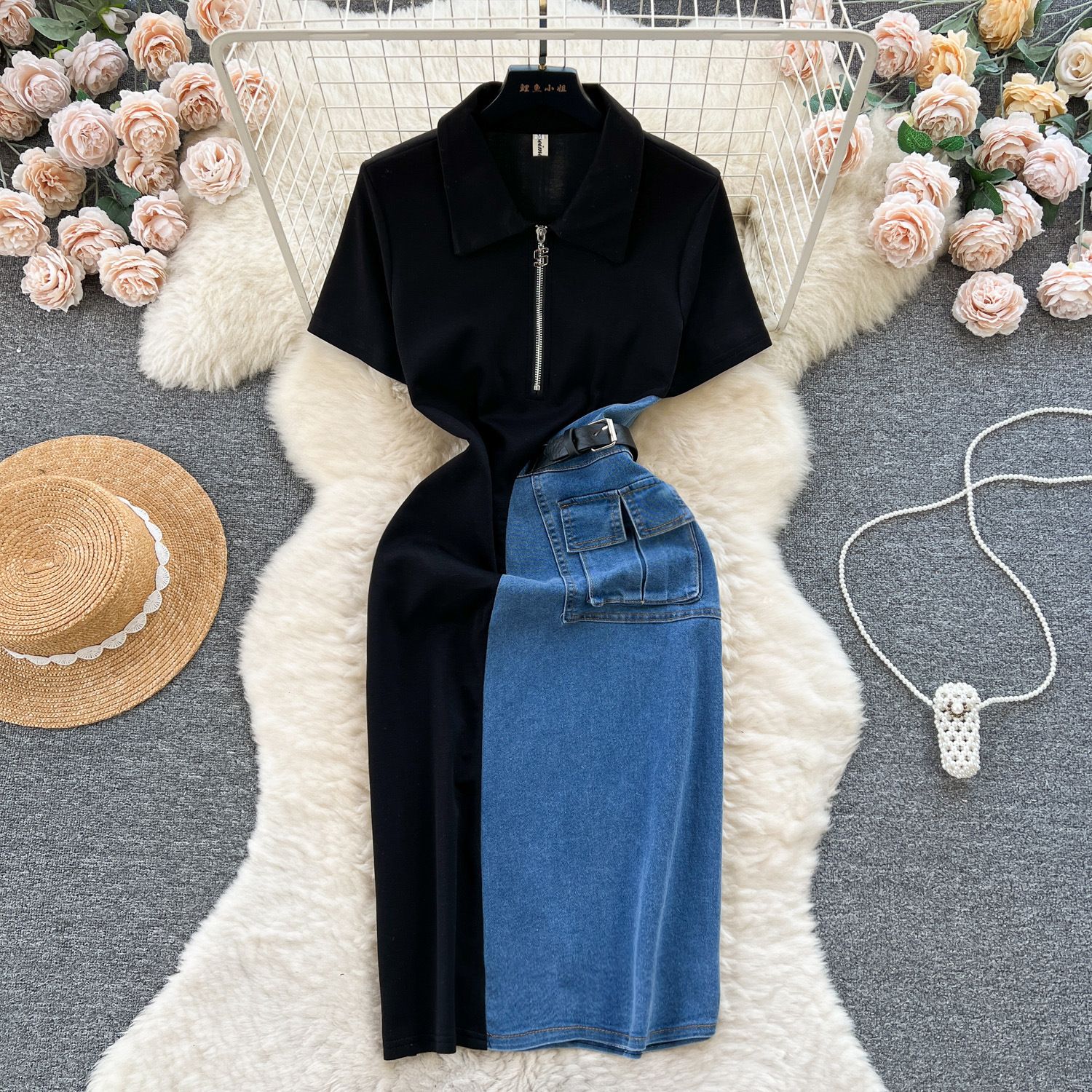 New product selection: Chic Hong Kong style retro denim skirt with women's design sense, contrasting color splicing, slim fit, medium to long short sleeved temperament dress