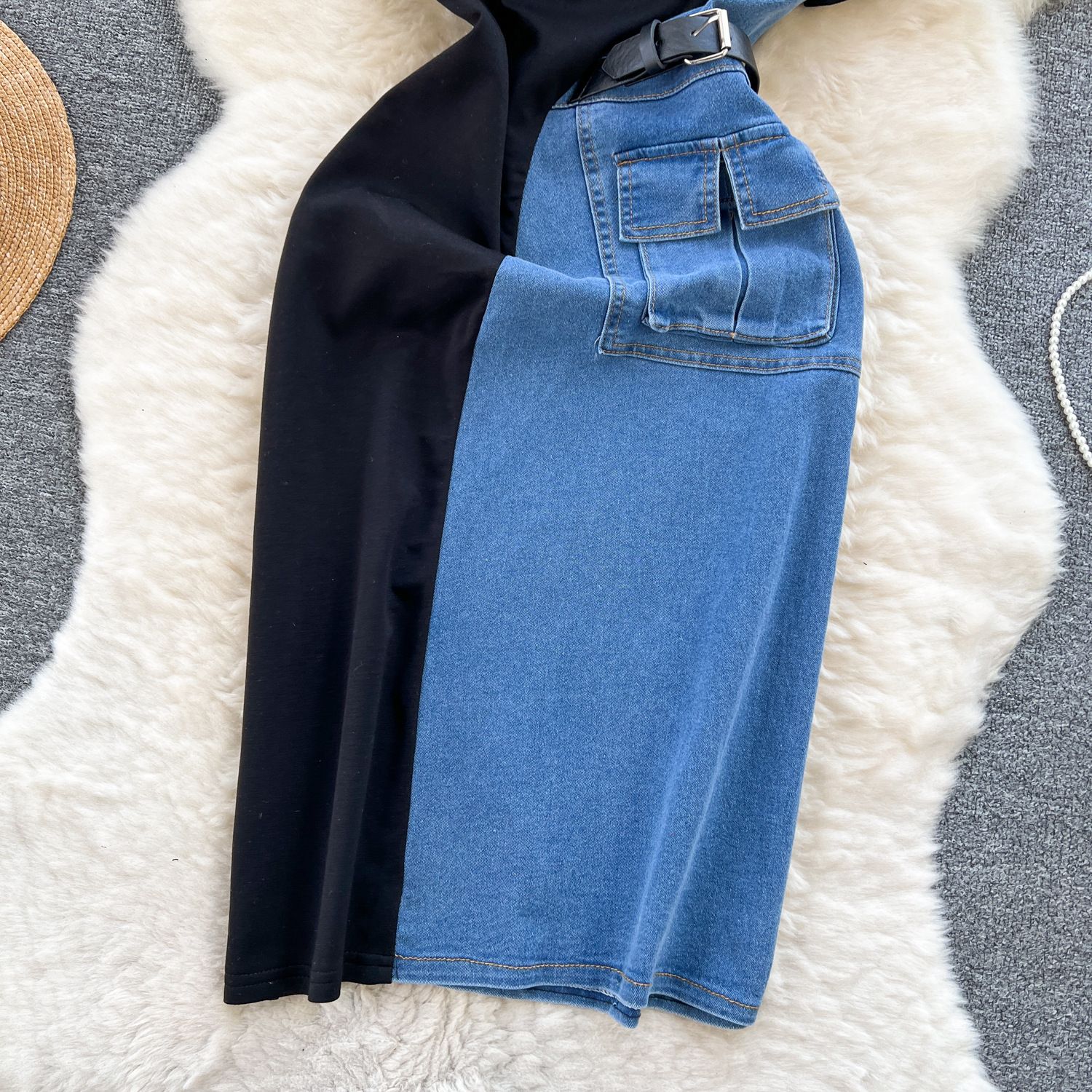 New product selection: Chic Hong Kong style retro denim skirt with women's design sense, contrasting color splicing, slim fit, medium to long short sleeved temperament dress