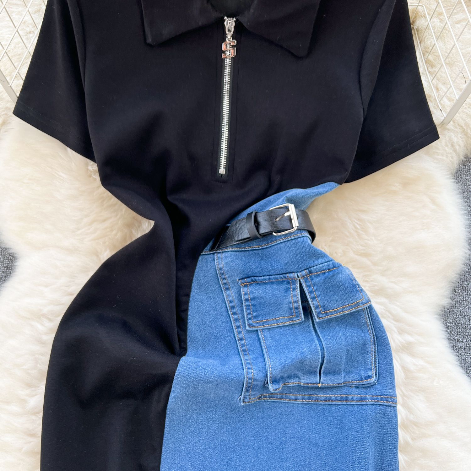 New product selection: Chic Hong Kong style retro denim skirt with women's design sense, contrasting color splicing, slim fit, medium to long short sleeved temperament dress