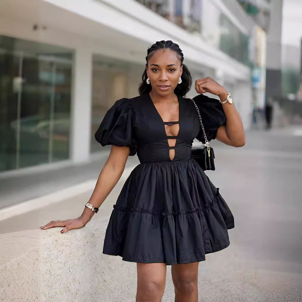 New Product Selection: Cross border Sweet Women's Clothing from Europe and America, 2024 Autumn Collection, Solid Color, Deep V-neck, Bubble Sleeves, Waist Collar Splicing Dress