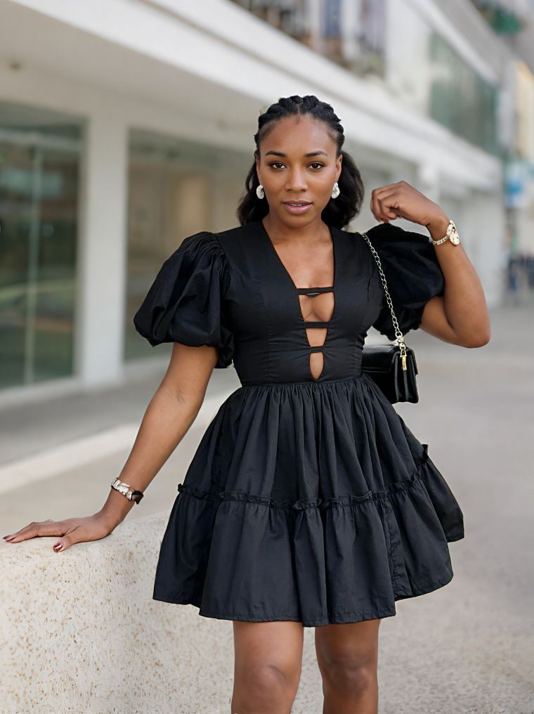 New Product Selection: Cross border Sweet Women's Clothing from Europe and America, 2024 Autumn Collection, Solid Color, Deep V-neck, Bubble Sleeves, Waist Collar Splicing Dress