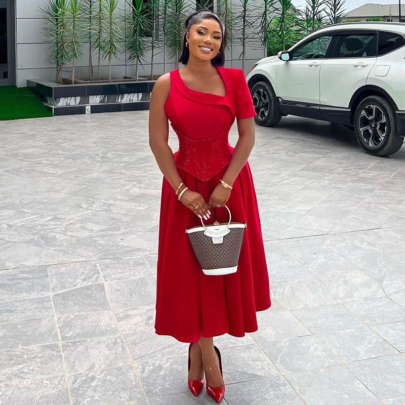 New Product Selection: European and American Foreign Trade Women's Clothing 2024 Summer New Collection: Slant Neck Waist Cover, Slim Short Sleeve, Medium to Long A-line Dress