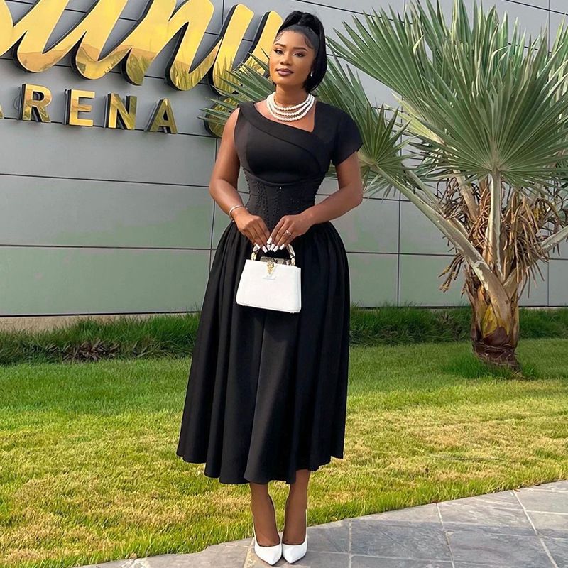 New Product Selection: European and American Foreign Trade Women's Clothing 2024 Summer New Collection: Slant Neck Waist Cover, Slim Short Sleeve, Medium to Long A-line Dress