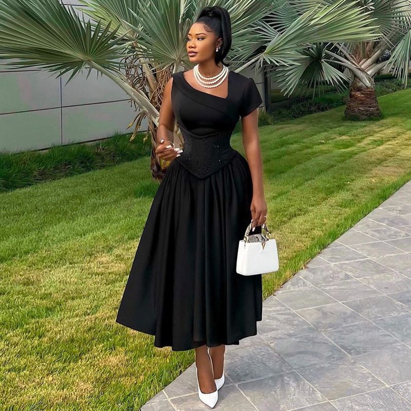 New Product Selection: European and American Foreign Trade Women's Clothing 2024 Summer New Collection: Slant Neck Waist Cover, Slim Short Sleeve, Medium to Long A-line Dress