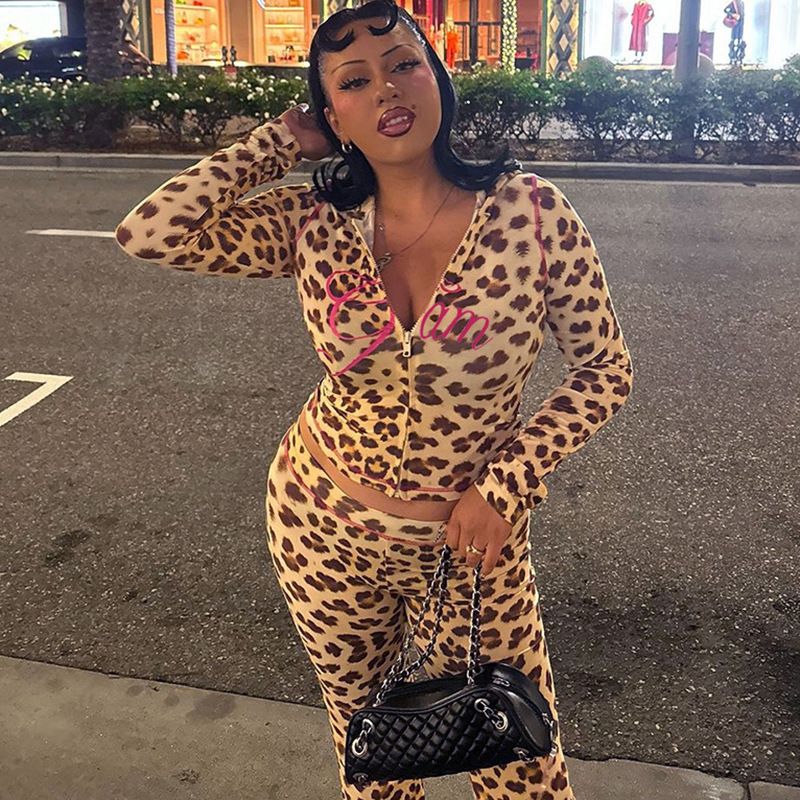 New Product Selection Cross border European and American Style 2024 Autumn New Product Printed Hoodie Top Leopard High Waist Tight Pants Set for Women