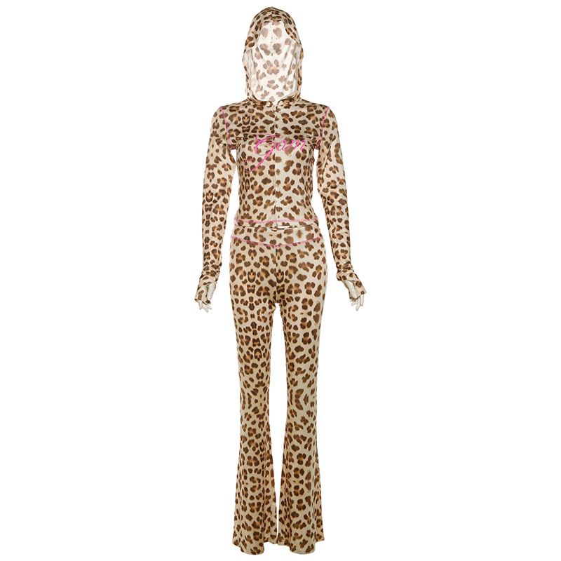 New Product Selection Cross border European and American Style 2024 Autumn New Product Printed Hoodie Top Leopard High Waist Tight Pants Set for Women