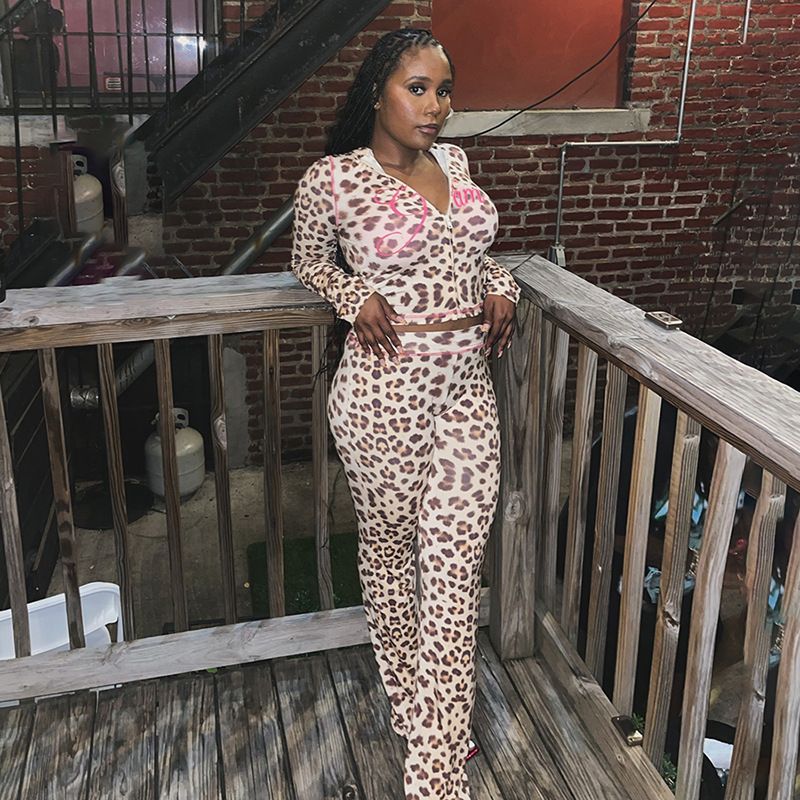 New Product Selection Cross border European and American Style 2024 Autumn New Product Printed Hoodie Top Leopard High Waist Tight Pants Set for Women