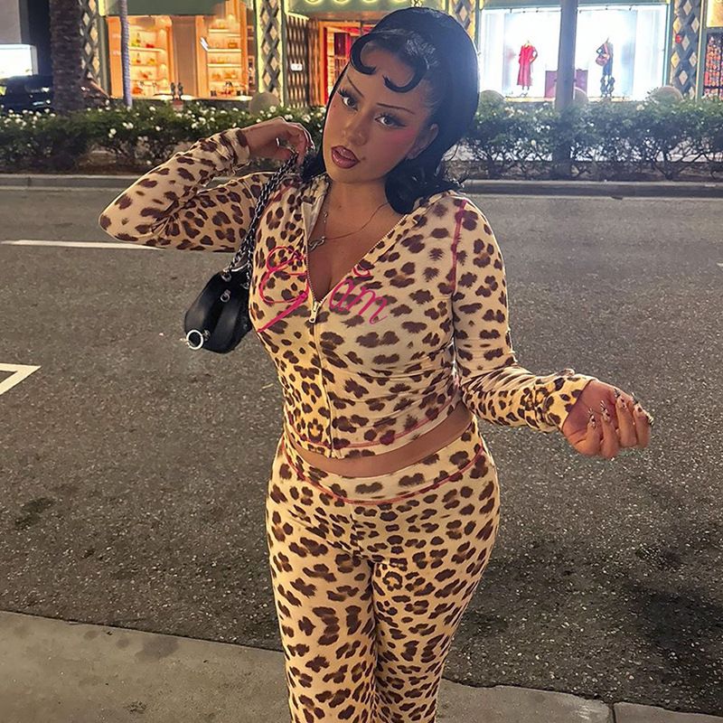 New Product Selection Cross border European and American Style 2024 Autumn New Product Printed Hoodie Top Leopard High Waist Tight Pants Set for Women