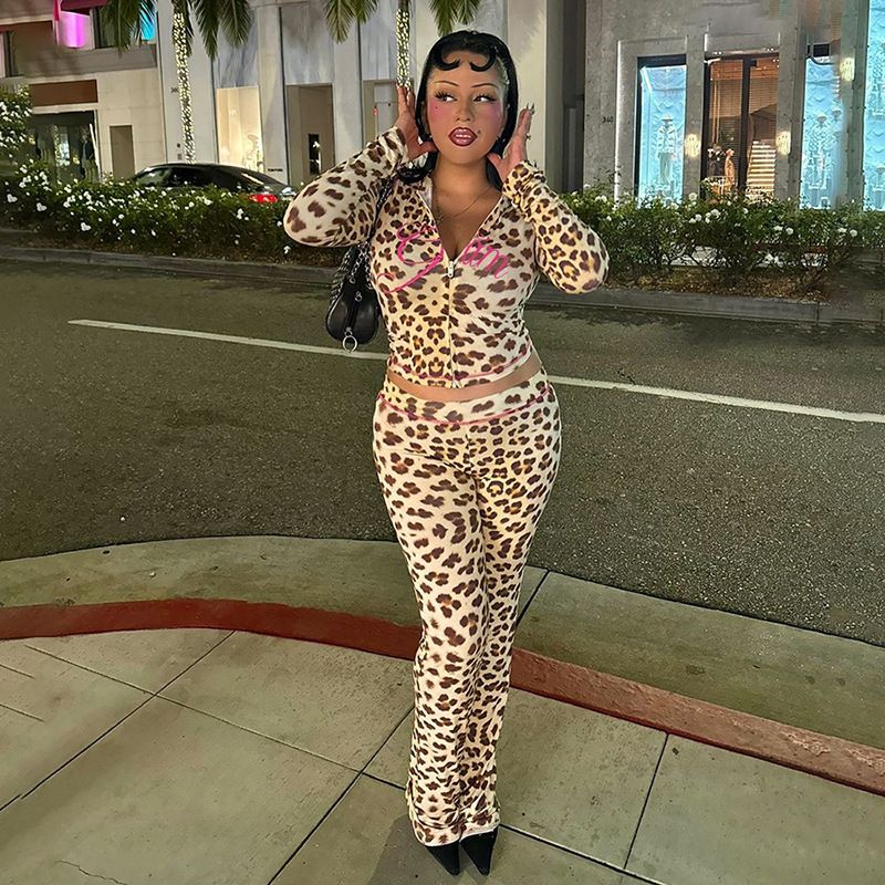 New Product Selection Cross border European and American Style 2024 Autumn New Product Printed Hoodie Top Leopard High Waist Tight Pants Set for Women