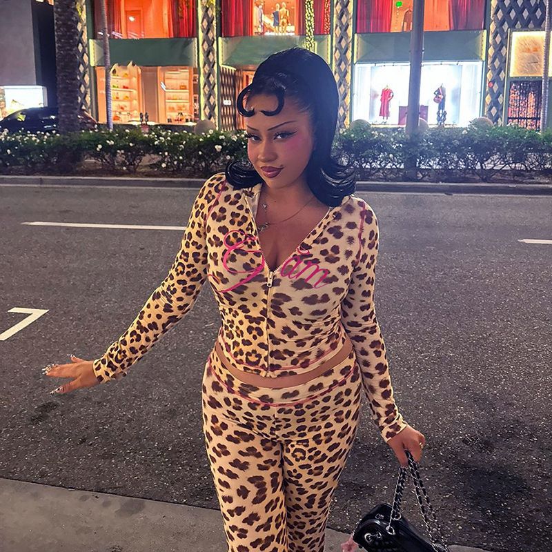 New Product Selection Cross border European and American Style 2024 Autumn New Product Printed Hoodie Top Leopard High Waist Tight Pants Set for Women