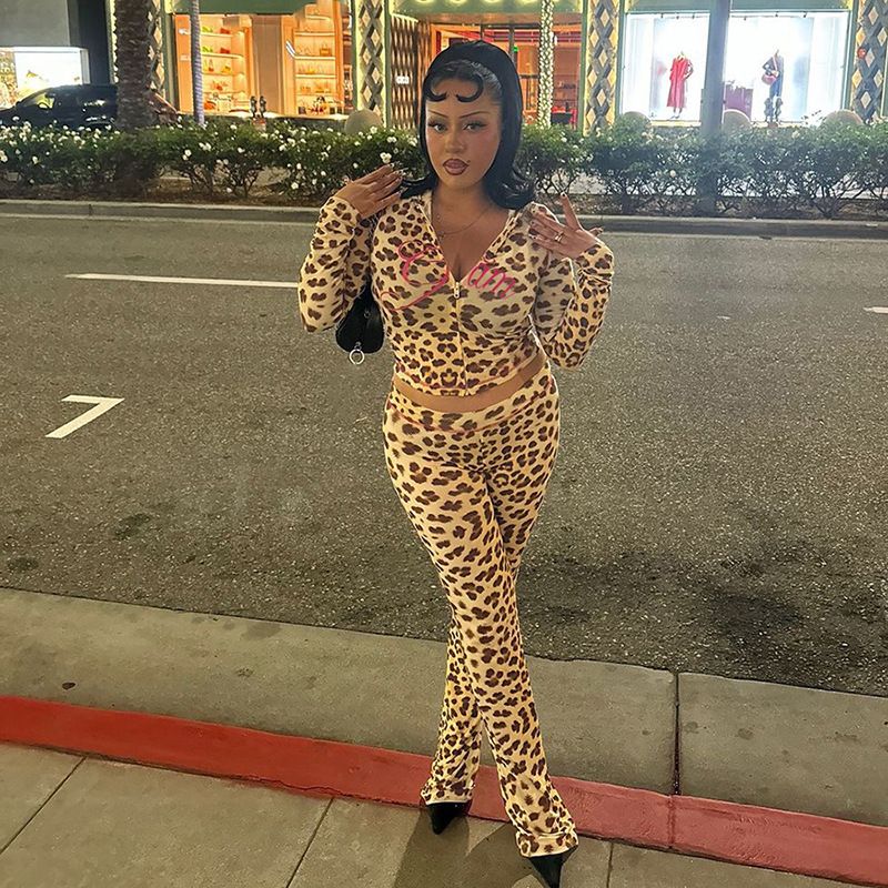 New Product Selection Cross border European and American Style 2024 Autumn New Product Printed Hoodie Top Leopard High Waist Tight Pants Set for Women