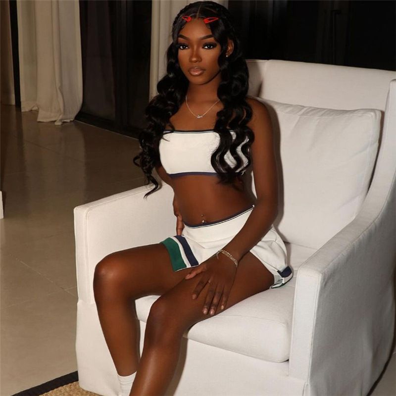 New Product Selection: 2024 Summer New Cross border European and American Style Fashion Spicy Girl Strap, strapless, high waist, slit, hip hugging short skirt set for women